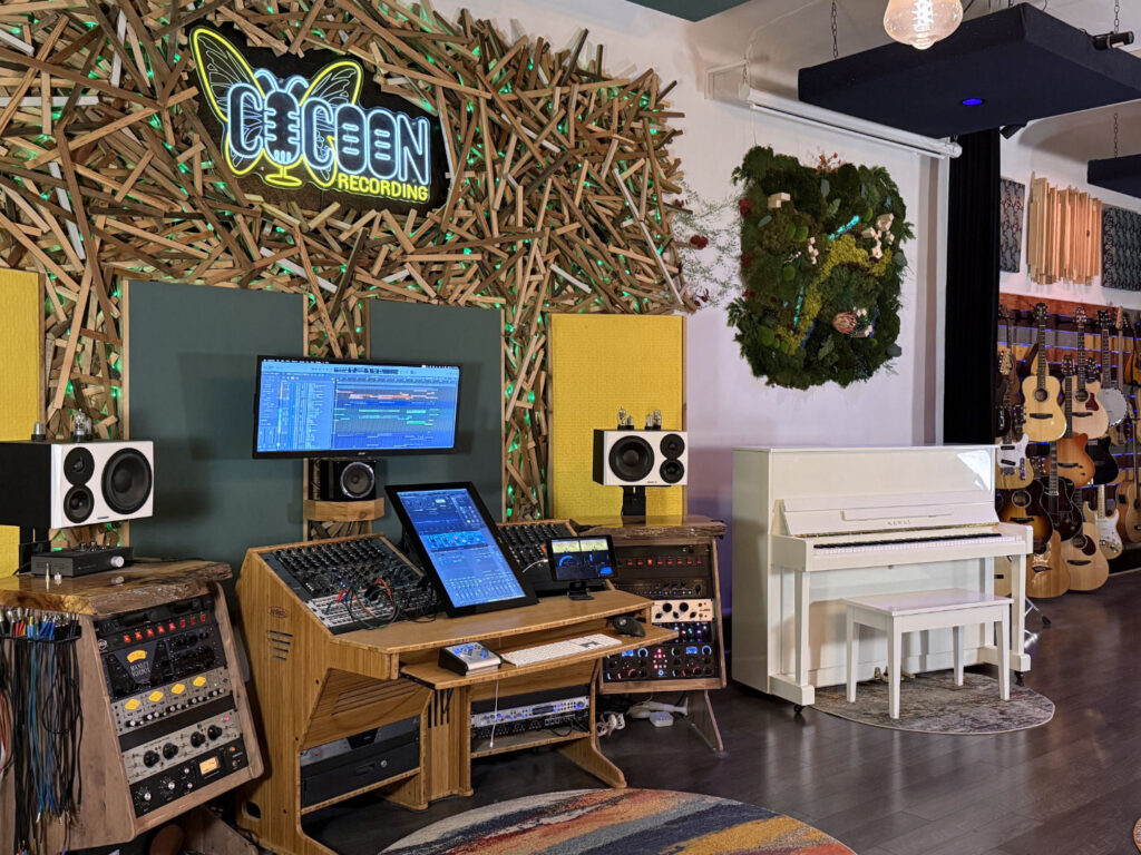 Analog console and piano at Cocoon Recording Studio in Jersey City NJ