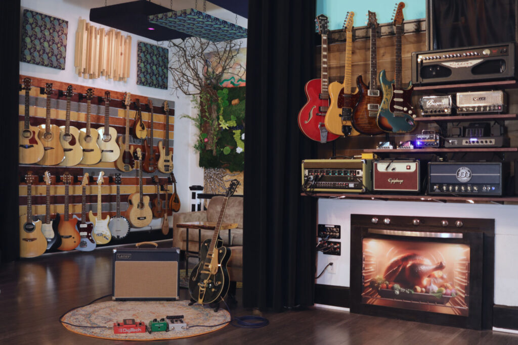 Guitar wall inside Cocoon Recording Studio in Jersey City NJ